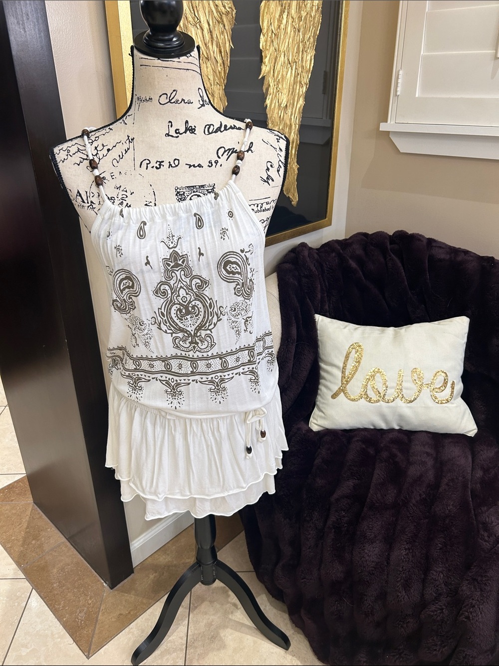 Boho White Mini Dress with Metallic Print